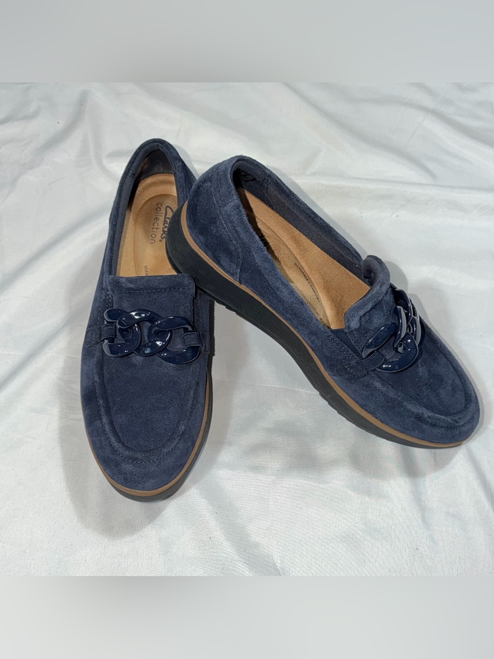 Clarks Zylah May Navy Suede Chain Platform Loafers Women’s 9.5M - Picture 2 of 11